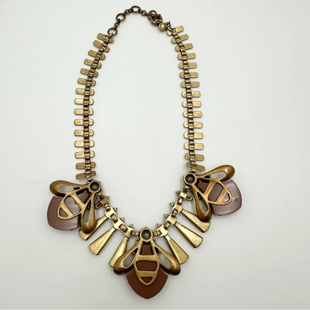 J. Crew Mixed Media Necklace Geometric Bee Antique Brass Crystal Taupe Peach